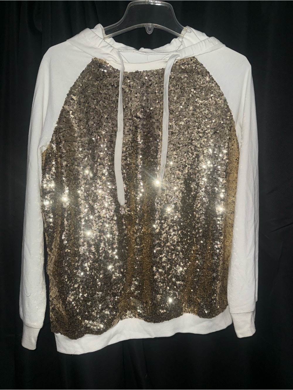 Charming Charlie White Hoodie with Gold Sequin Front